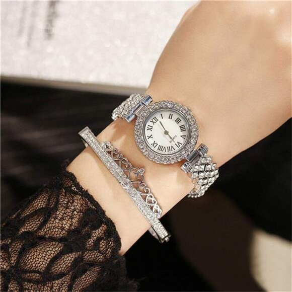 Silver Crystal-Embellished Women’s Watch and Bracelet Set – Timeless Sparkle - Picture 3 of 5
